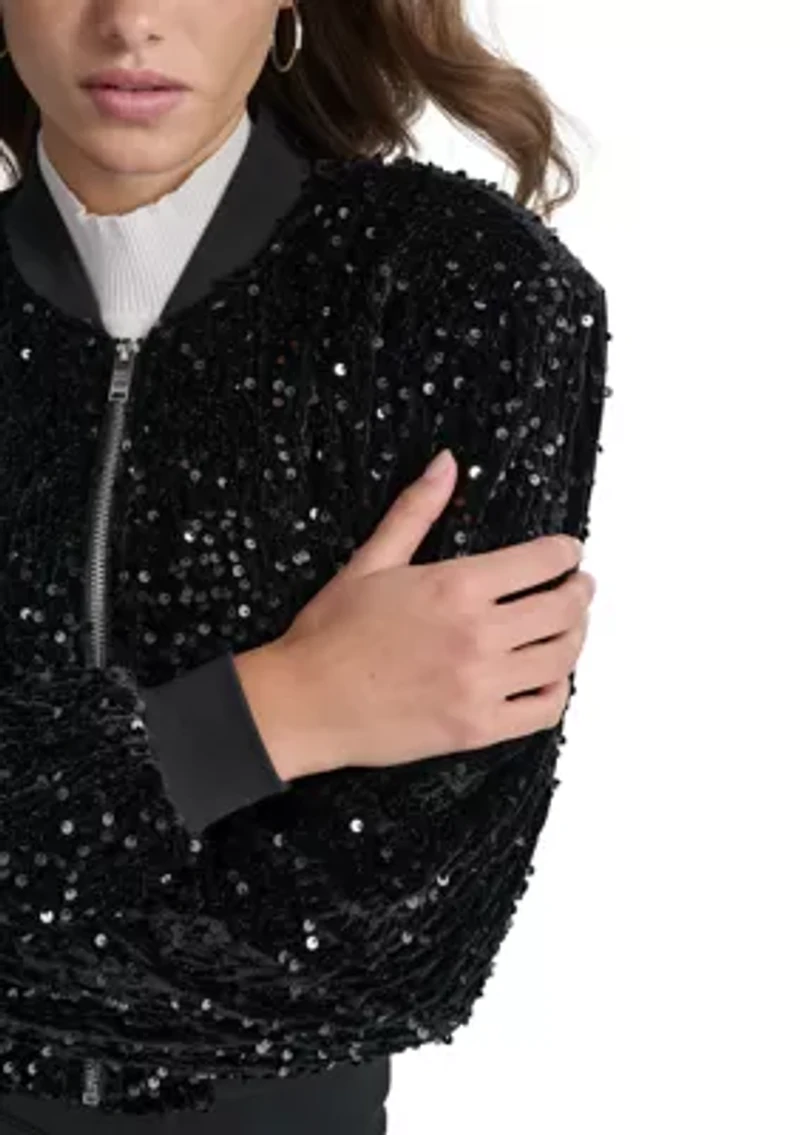 Women's Long Sleeve Velvet Sequin Bomber Jacket