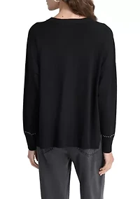 Women's Crew Neck Stud Trim Split Hem Sweater