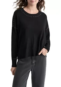 Women's Crew Neck Stud Trim Split Hem Sweater