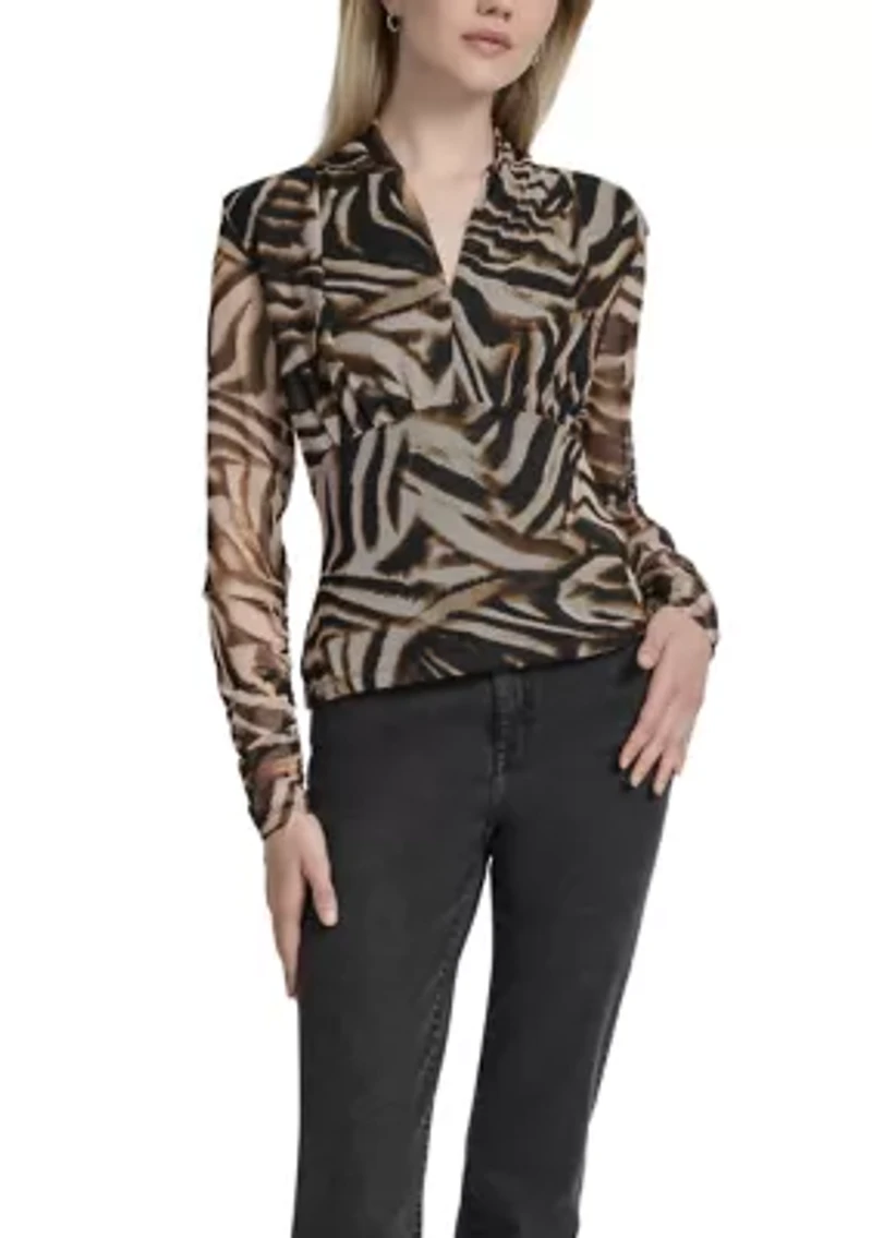 Women's Printed Pleated Mesh V-Neck Blouse