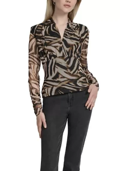 Women's Printed Pleated Mesh V-Neck Blouse