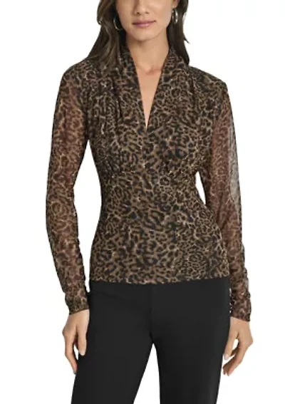 Women's Printed Pleated Mesh V-Neck Blouse