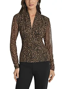 Women's Printed Pleated Mesh V-Neck Blouse
