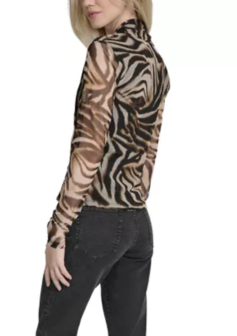 Women's Printed Pleated Mesh V-Neck Blouse