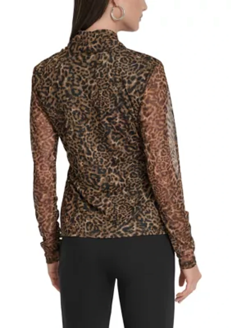 Women's Printed Pleated Mesh V-Neck Blouse