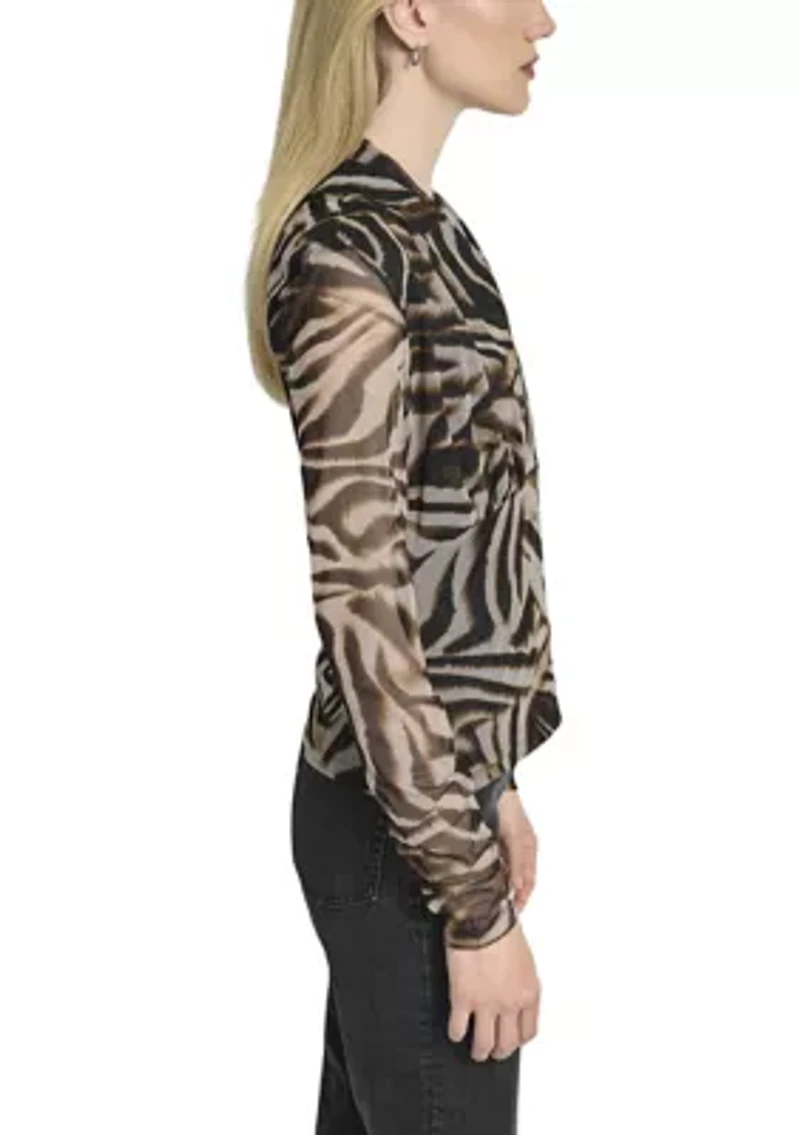 Women's Printed Pleated Mesh V-Neck Blouse