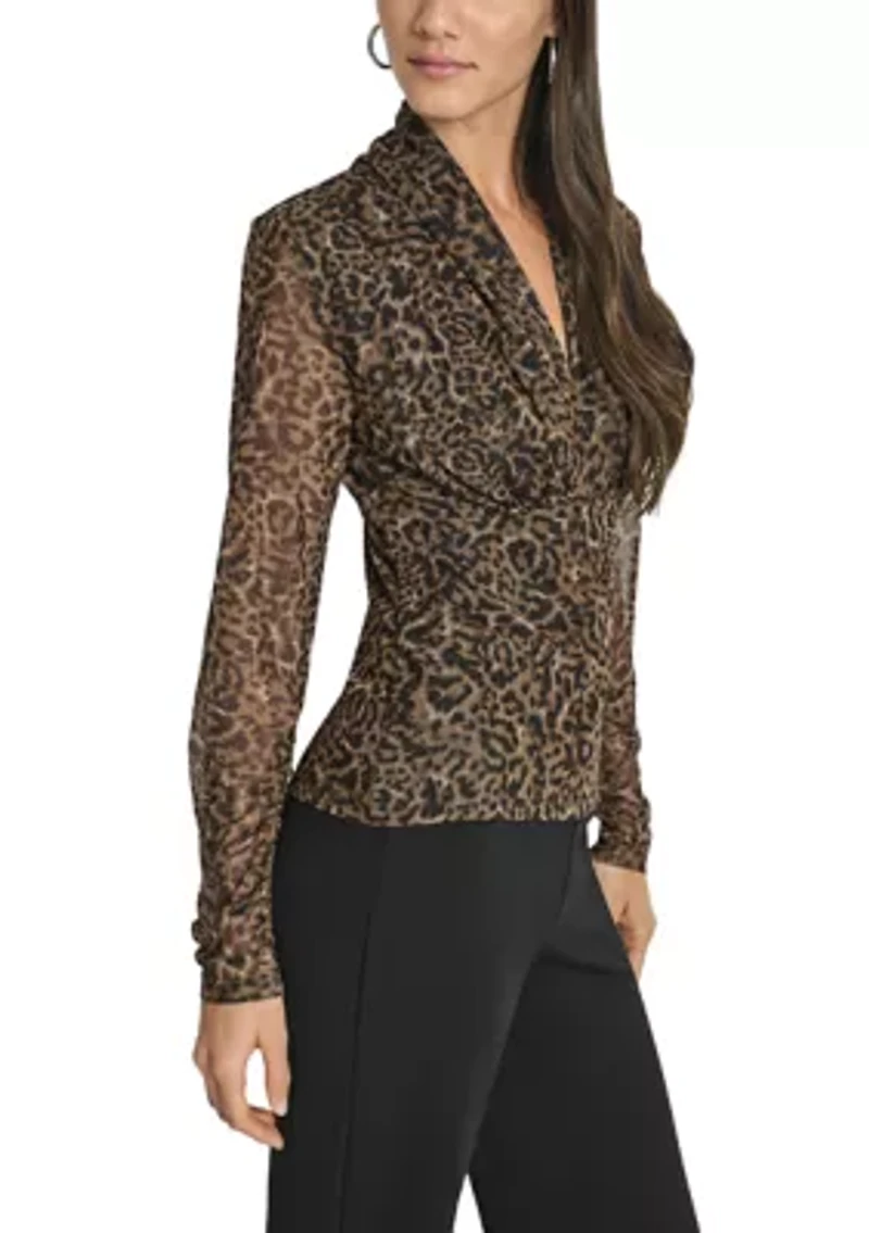 Women's Printed Pleated Mesh V-Neck Blouse