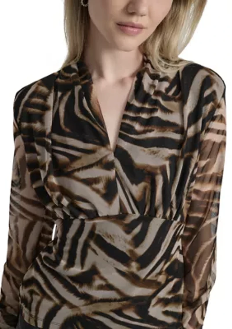 Women's Printed Pleated Mesh V-Neck Blouse