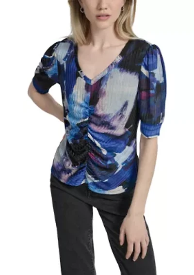 Women's Short Sleeve V-Neck Ruch Brushstroke Print Knit Top