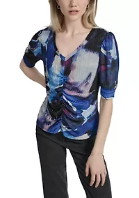 Women's Short Sleeve V-Neck Ruch Brushstroke Print Knit Top