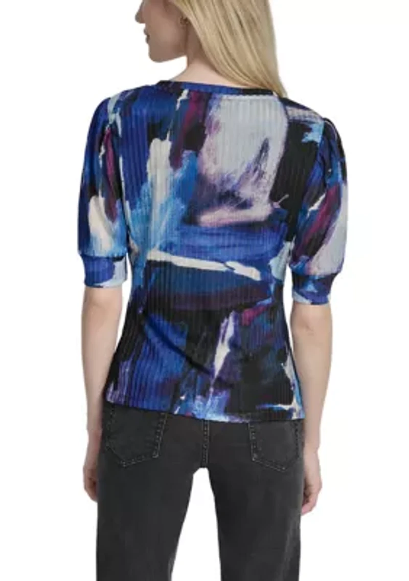 Women's Short Sleeve V-Neck Ruch Brushstroke Print Knit Top