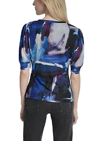 Women's Short Sleeve V-Neck Ruch Brushstroke Print Knit Top