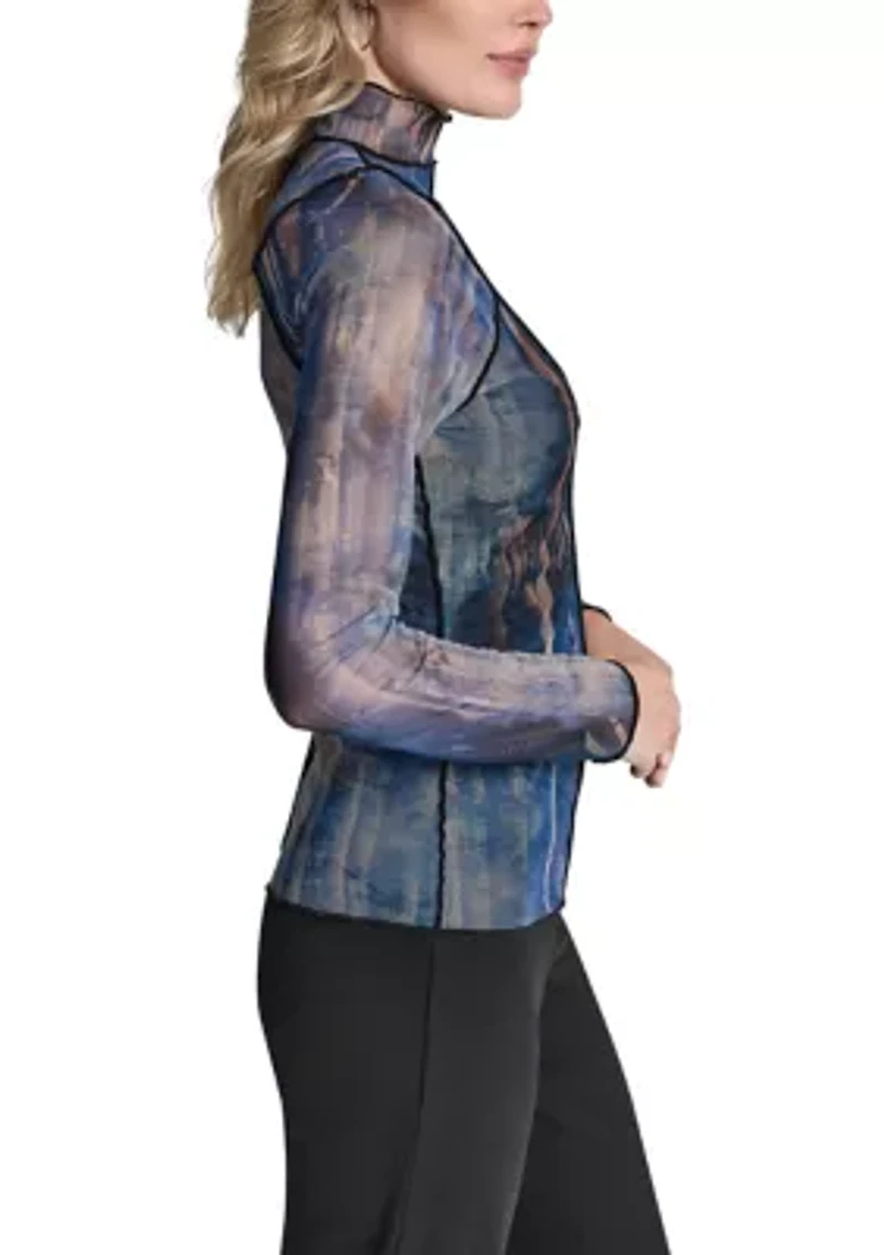 Women's Long Sleeve Printed Mesh Top