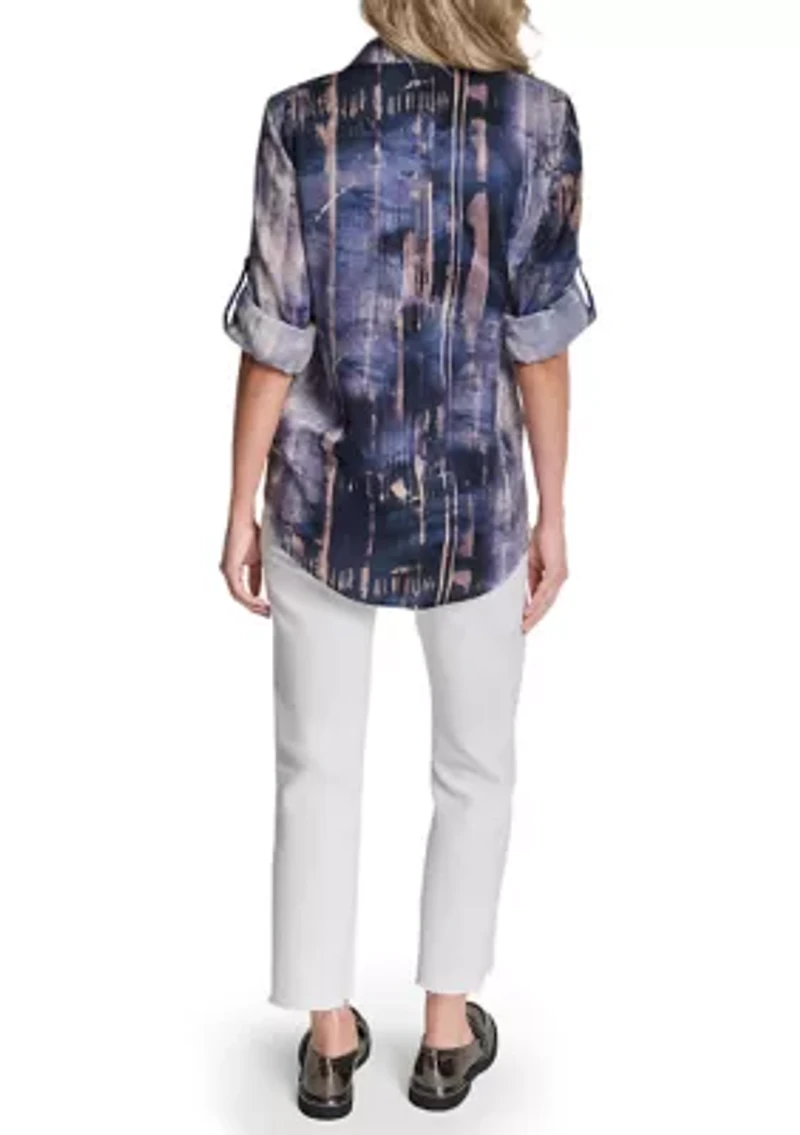 Women's Roll Sleeve Printed Utility Blouse