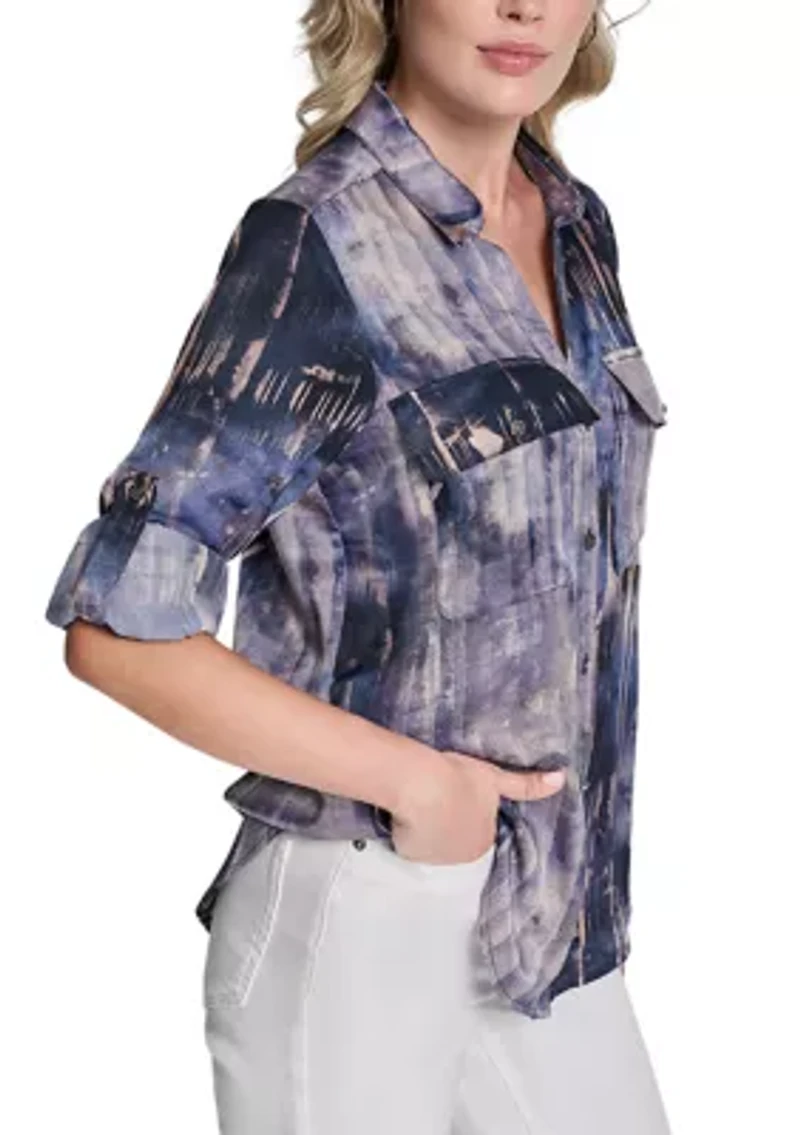 Women's Roll Sleeve Printed Utility Blouse