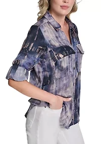 Women's Roll Sleeve Printed Utility Blouse