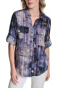 Women's Roll Sleeve Printed Utility Blouse