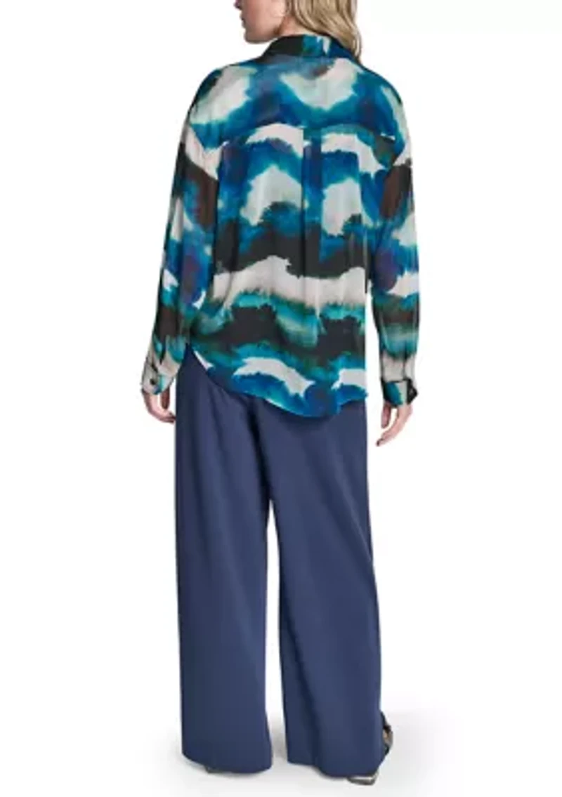 Women's Long Sleeve Marble Print Blouse