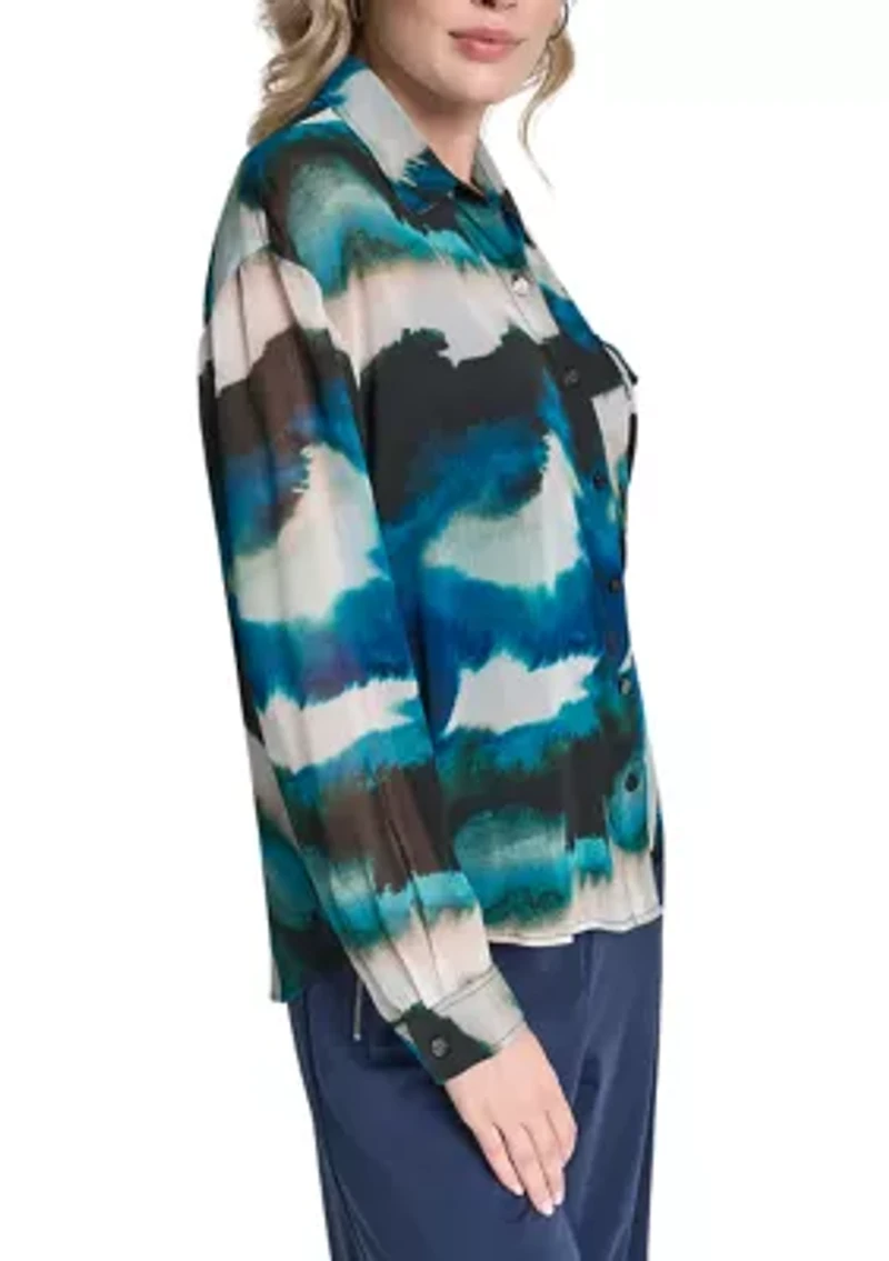 Women's Long Sleeve Marble Print Blouse