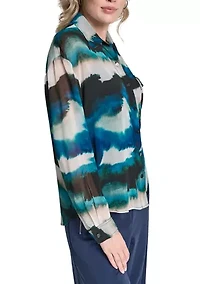 Women's Long Sleeve Marble Print Blouse