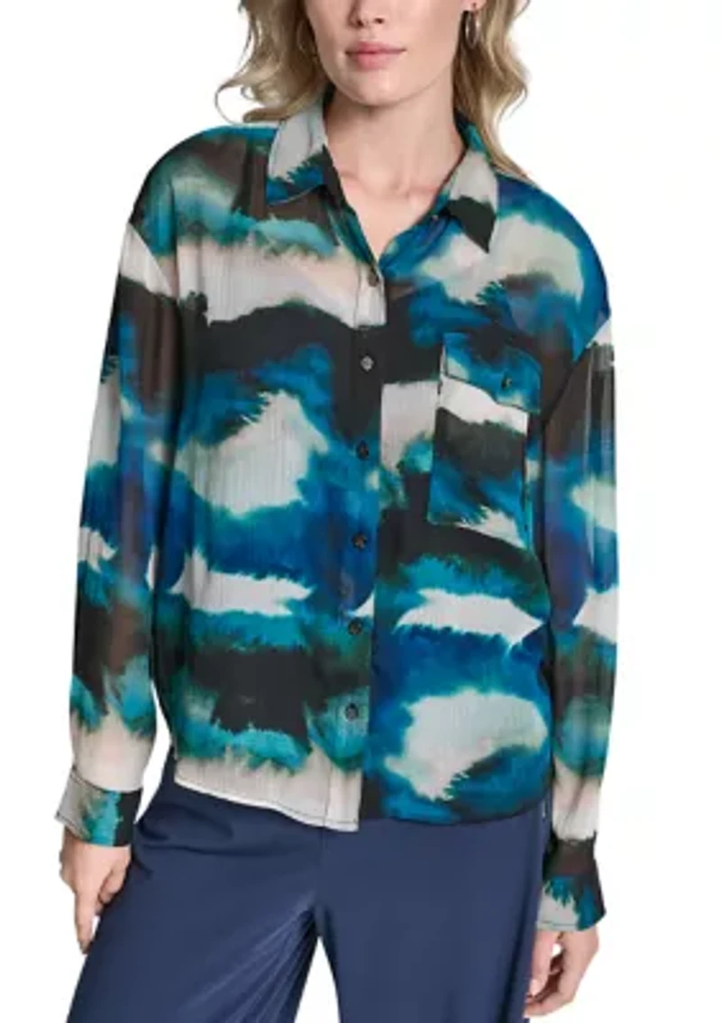 Women's Long Sleeve Marble Print Blouse