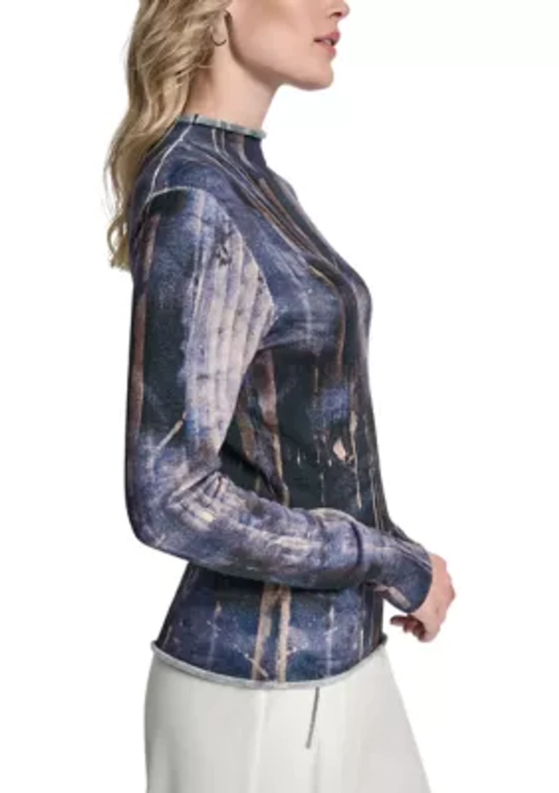 Women's Funnel Neck Marble Print Sweater