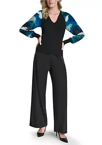 Women's Long Sleeve V-Neck Printed Mix Media Sweater