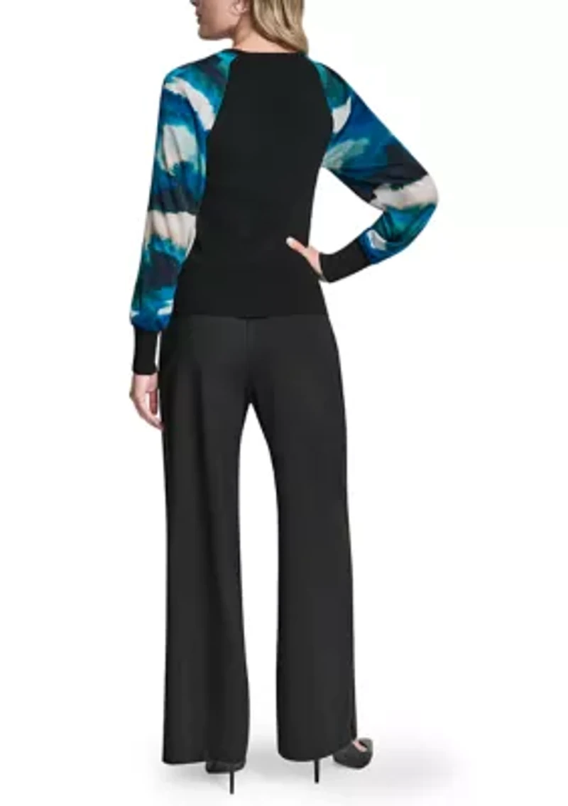 Women's Long Sleeve V-Neck Printed Mix Media Sweater