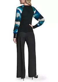 Women's Long Sleeve V-Neck Printed Mix Media Sweater