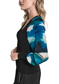 Women's Long Sleeve V-Neck Printed Mix Media Sweater