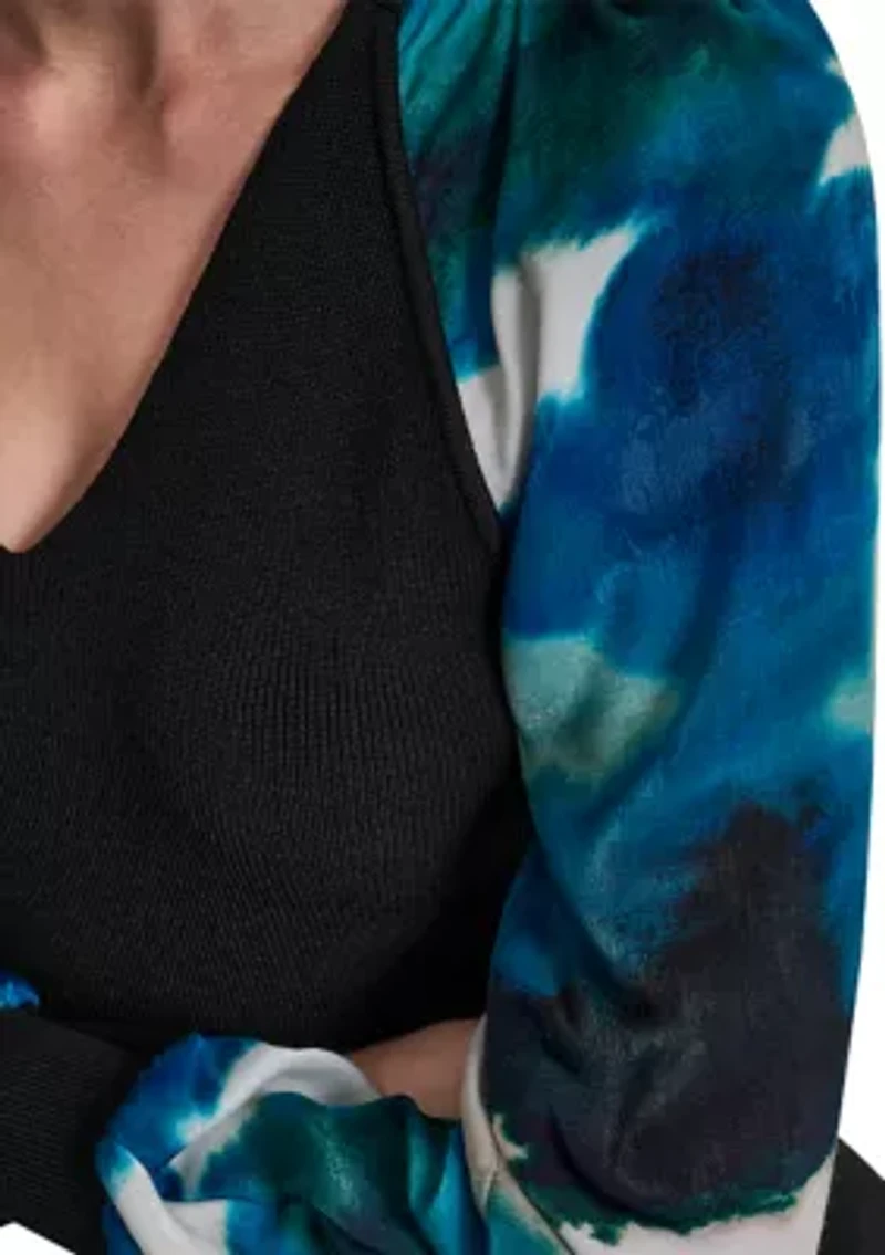 Women's Long Sleeve V-Neck Printed Mix Media Sweater