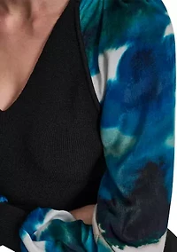 Women's Long Sleeve V-Neck Printed Mix Media Sweater