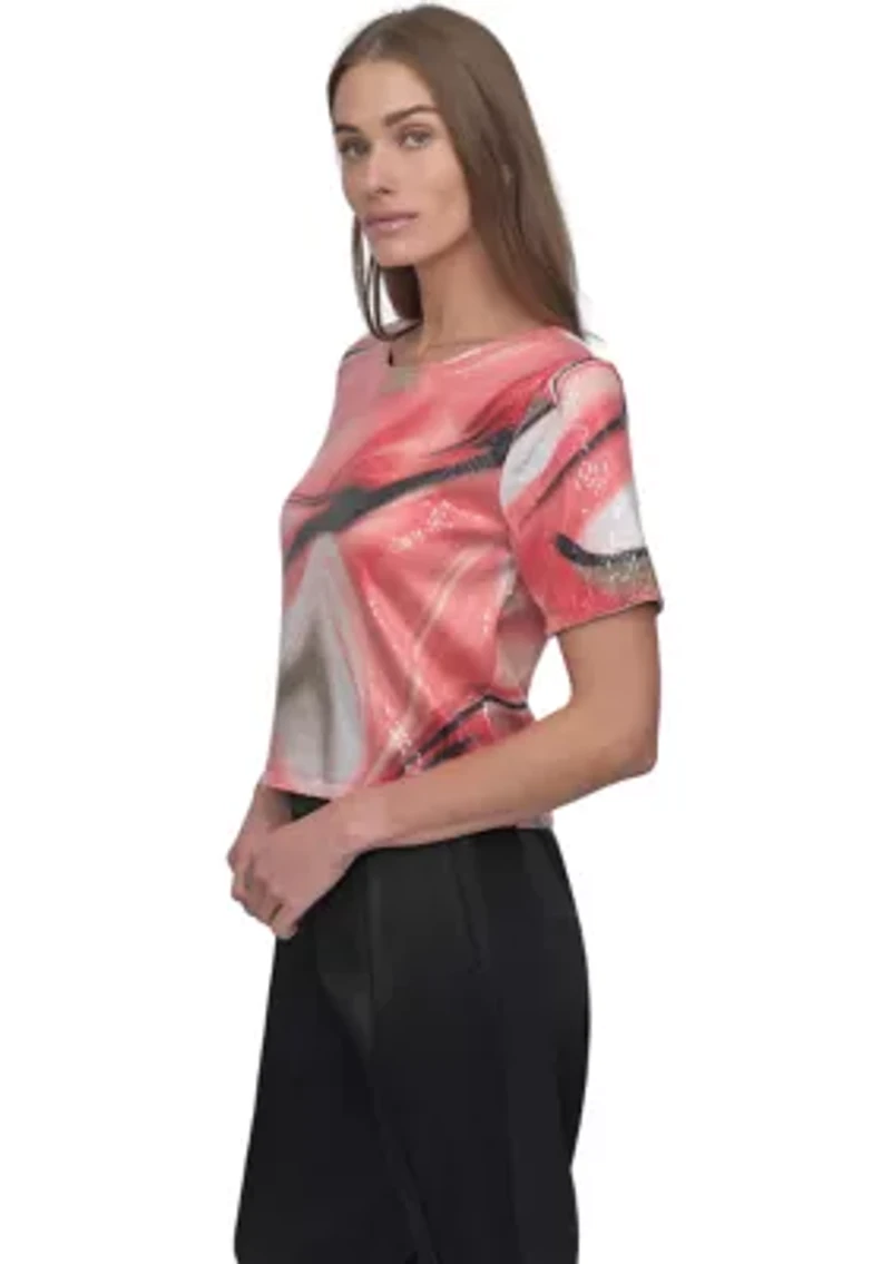 Women's Marble Printed Sequin T-Shirt