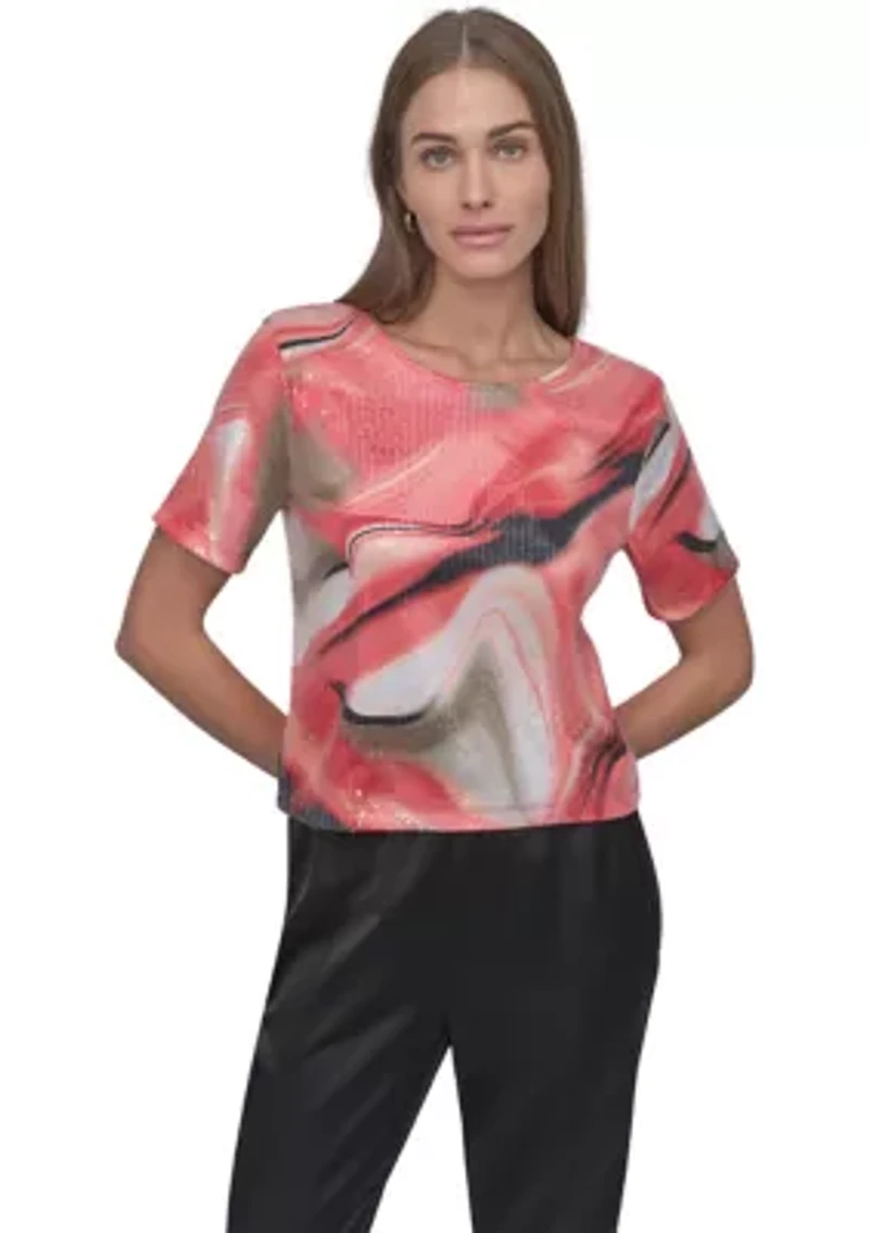 Women's Marble Printed Sequin T-Shirt