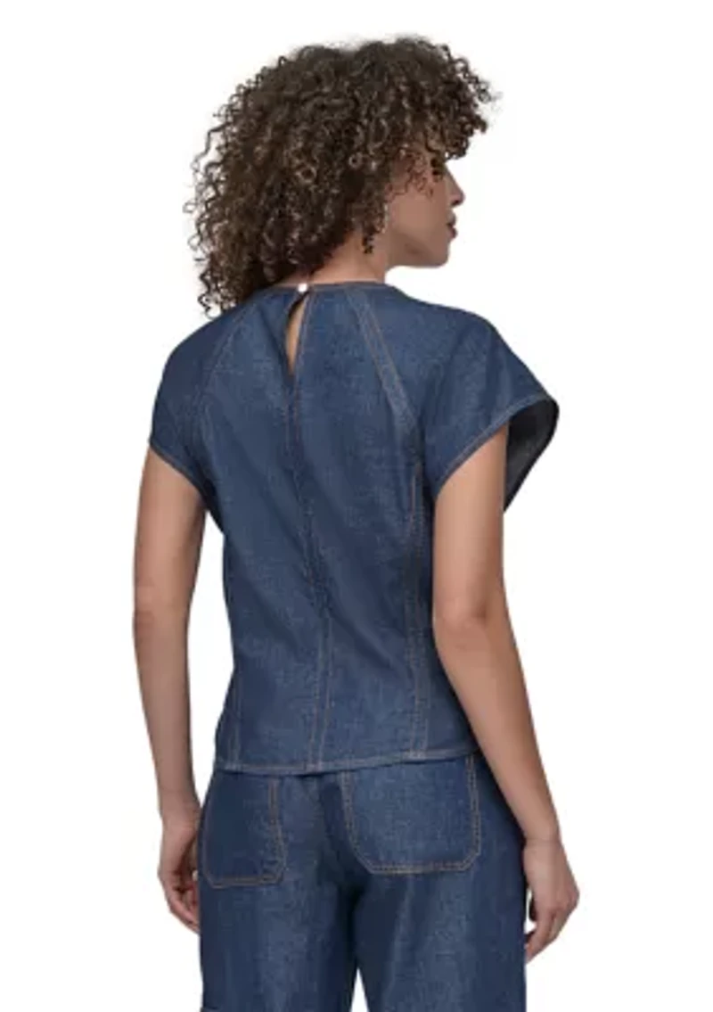 Women's Flutter Sleeve Keyhole Chambray Top