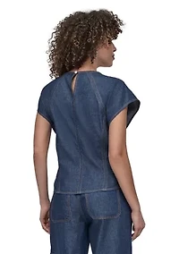 Women's Flutter Sleeve Keyhole Chambray Top