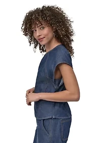 Women's Flutter Sleeve Keyhole Chambray Top