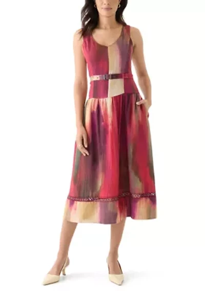 Women's Sleeveless Belted Brushstroke Midi Dress