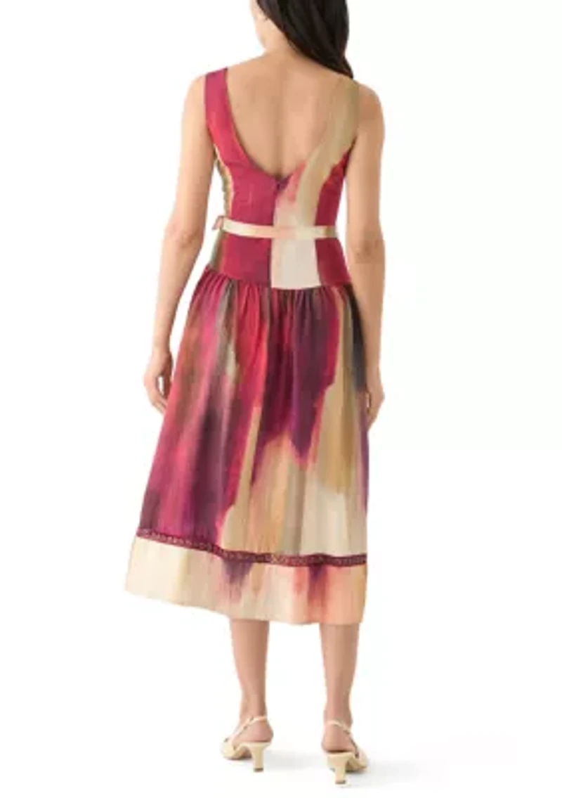 Women's Sleeveless Belted Brushstroke Midi Dress