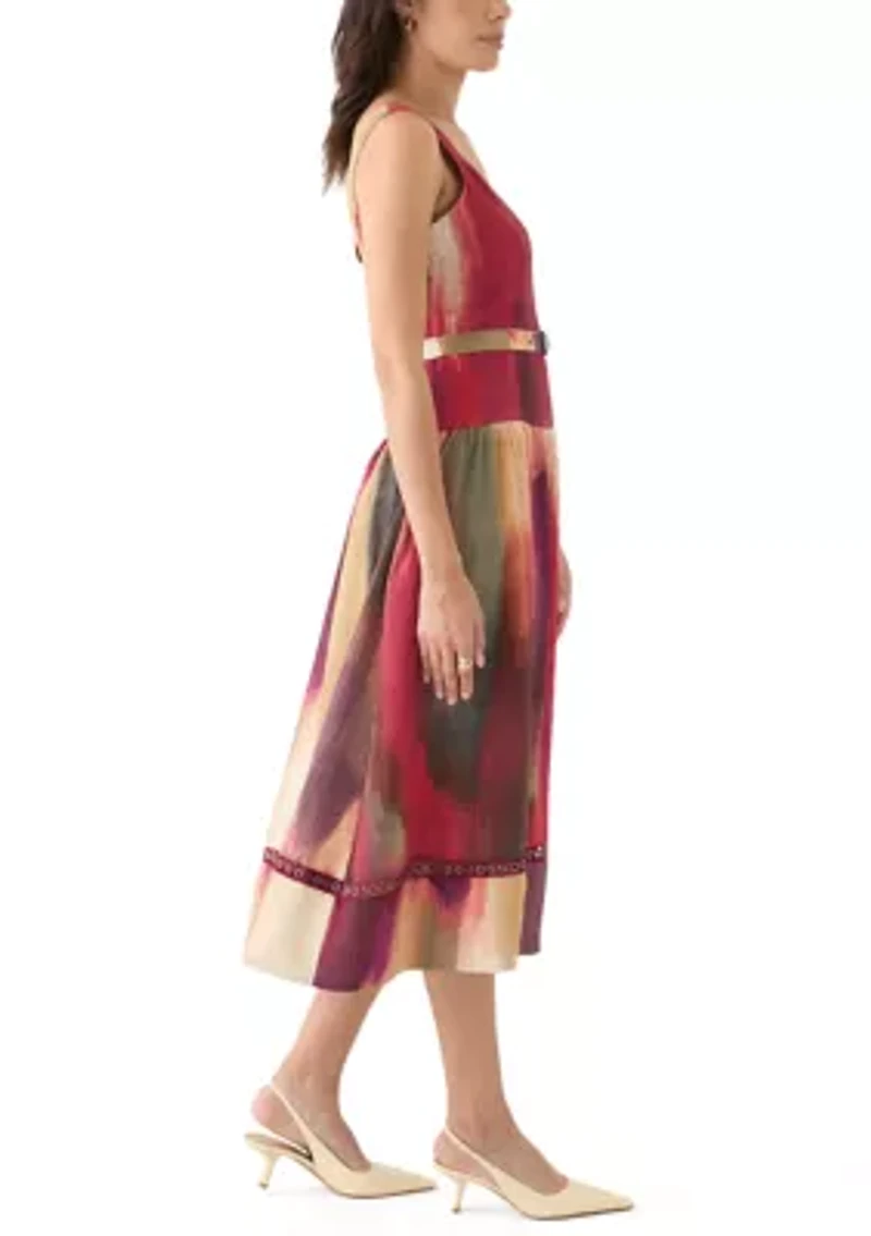 Women's Sleeveless Belted Brushstroke Midi Dress