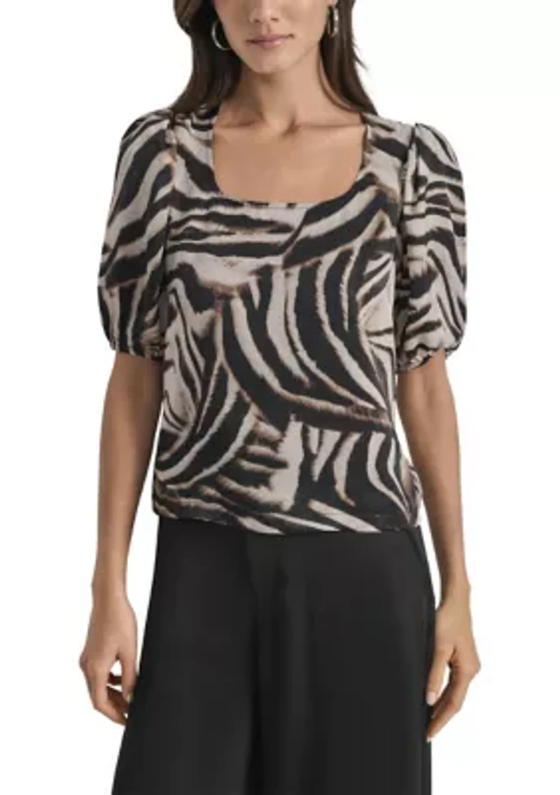 Women's Short Puff Sleeve Zebra Blouse