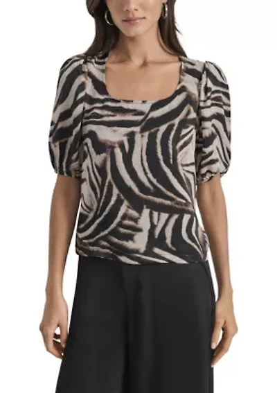 Women's Short Puff Sleeve Zebra Blouse