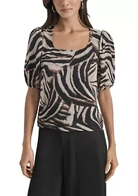 Women's Short Puff Sleeve Zebra Blouse
