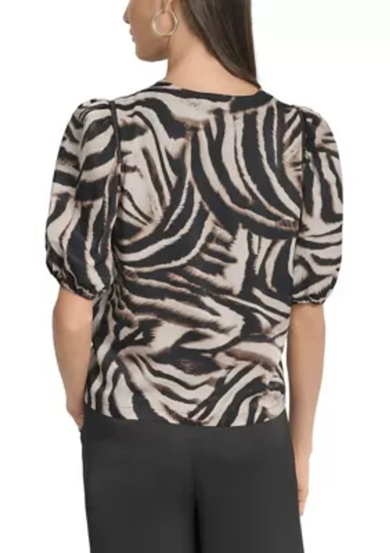 Women's Short Puff Sleeve Zebra Blouse