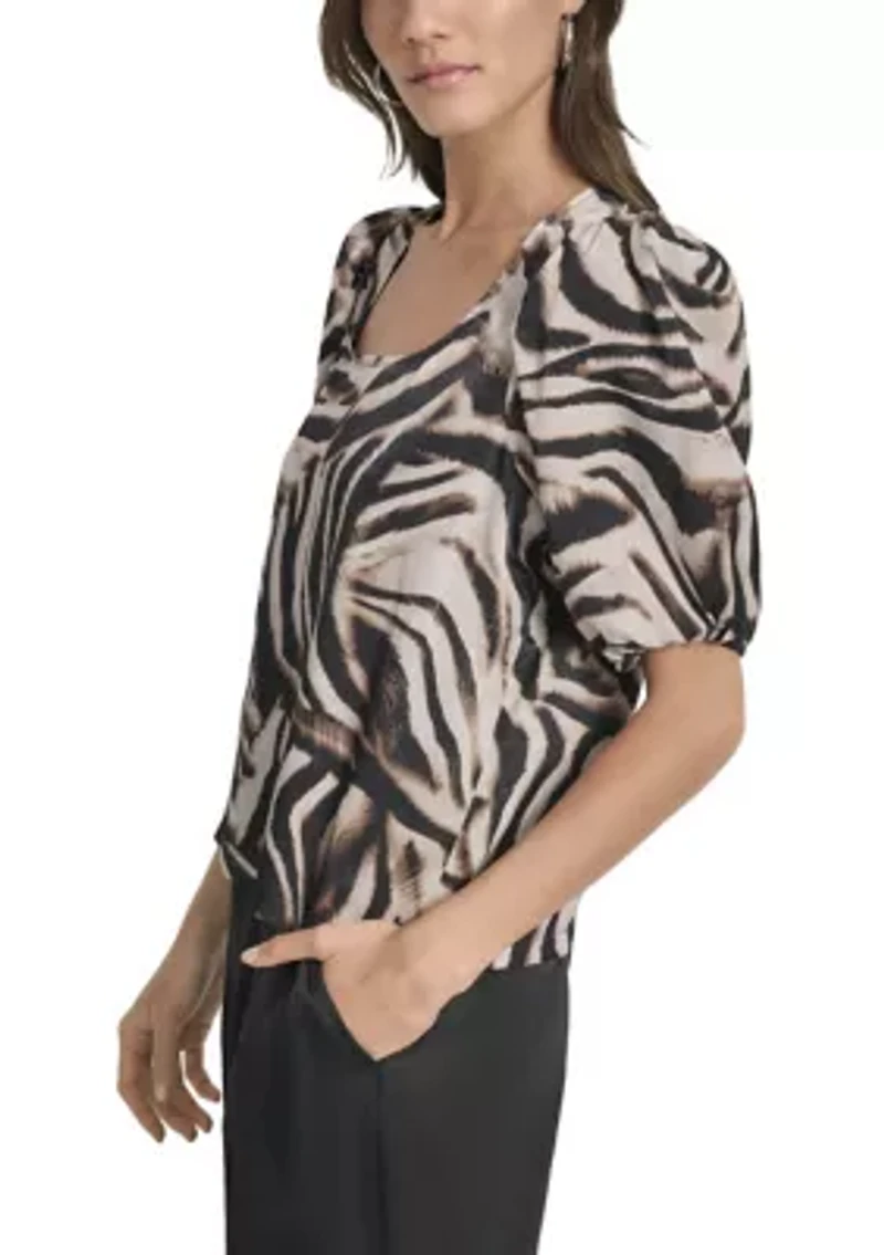 Women's Short Puff Sleeve Zebra Blouse