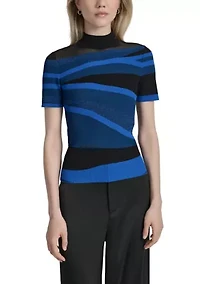 Women's Short Sleeve Mock Neck Swirl Sweater