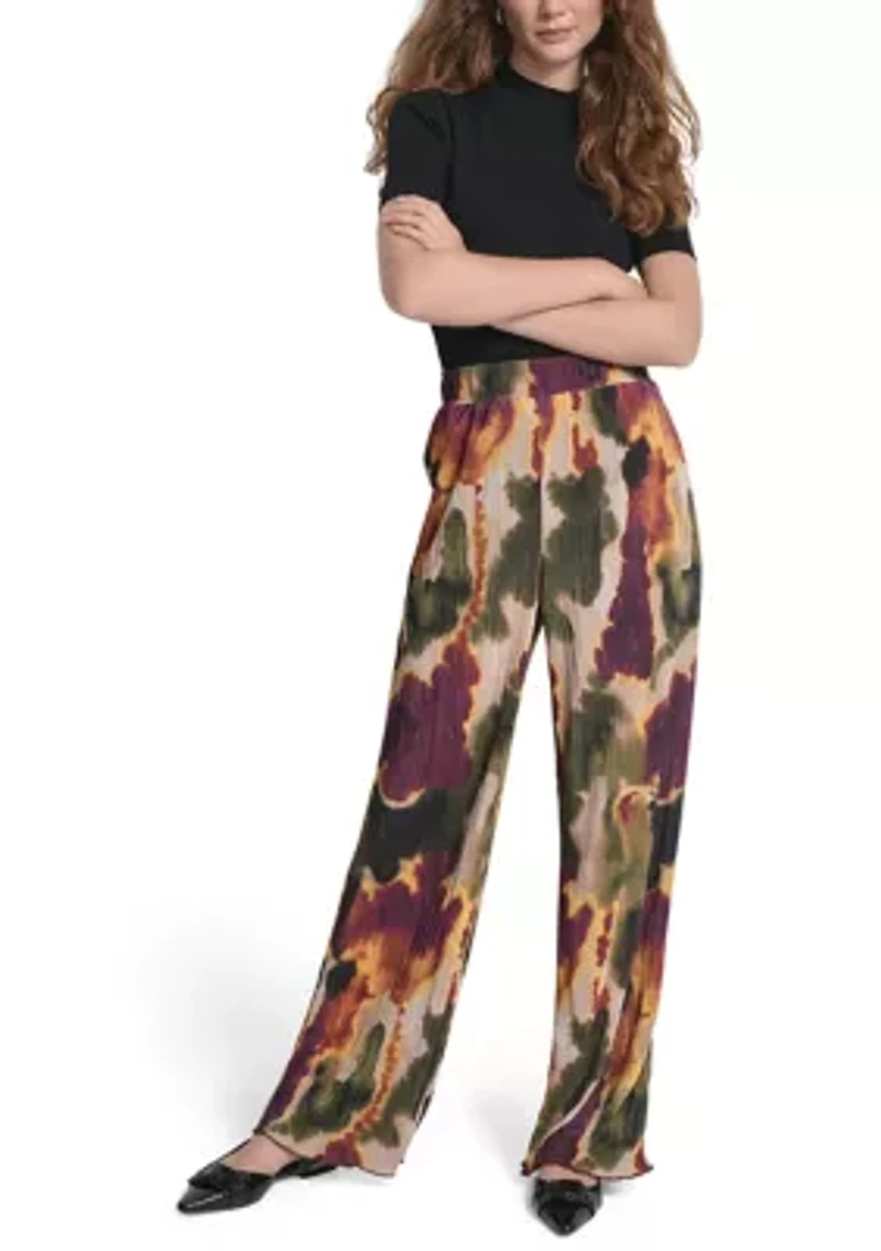Women's Pull-On Printed Plisse Wide Leg Pants