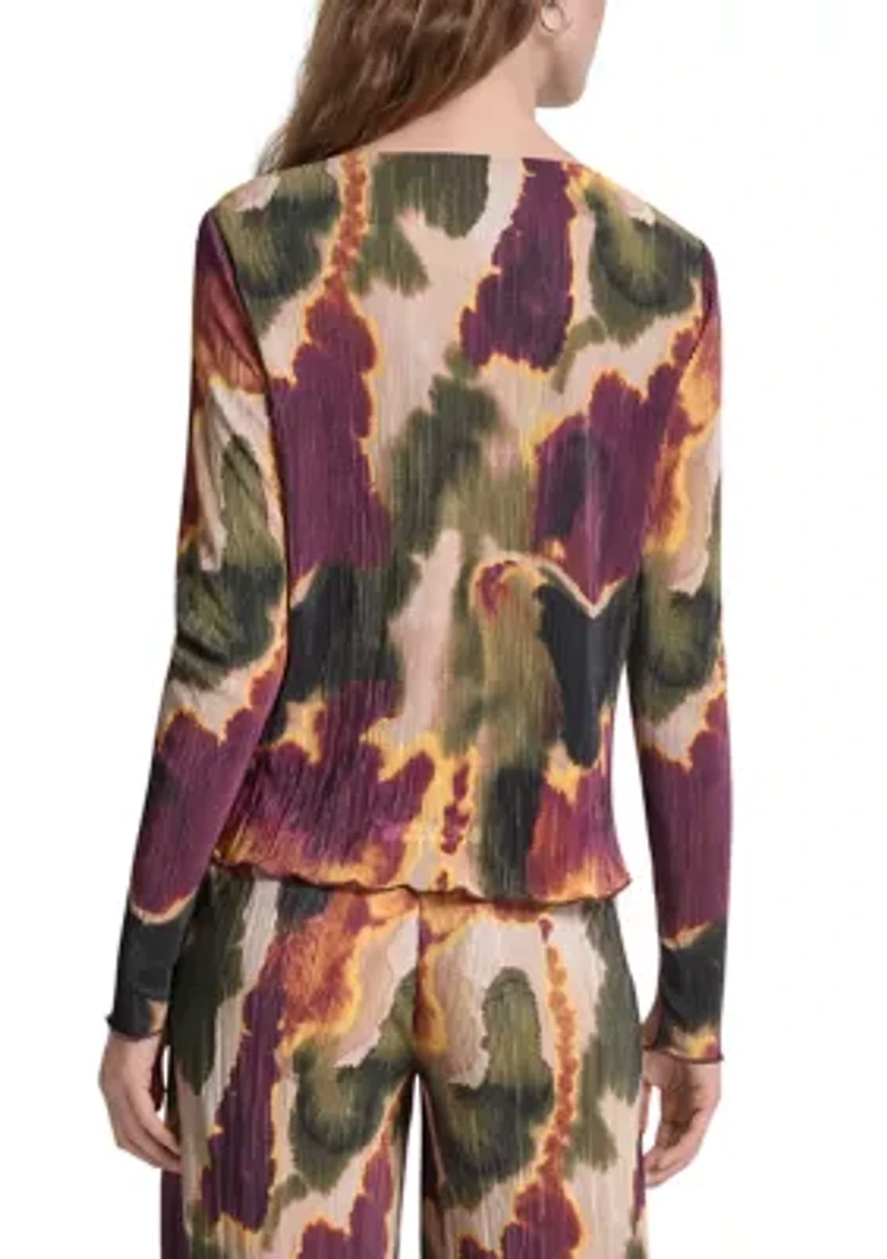 Women's Printed Boat Neck Plissé Top