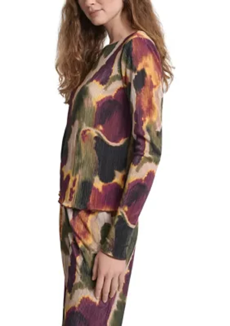 Women's Printed Boat Neck Plissé Top