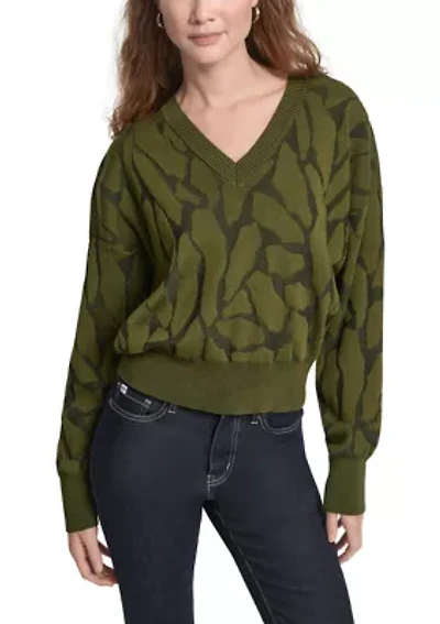 Women's Long Sleeve Textured V-Neck Sweater